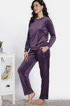 Zivame Knit Poly Velour Loungewear Set - Purple Pennat — thumbnail 3